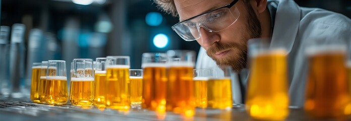 An assistant in the laboratory checks the manufacturing beer and analyses the drinks in the glasses.
