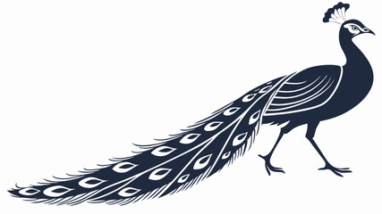 Elegant Peacock Illustration Dark Blue Bird Silhouette with Detailed Tail Feathers