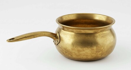 Vintage brass saucepan, rustic kitchen cookware, aged metal pot, antique cooking utensil, isolated on white, golden patina