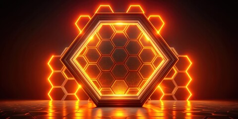 Geometric shape illumination, glowing orange light, hexagonal patterns, abstract shapes, vibrant colors, orange, glow