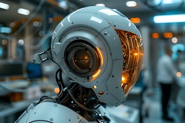 Fototapeta premium Laboratory assistant robot with glowing circuits high resolution picture