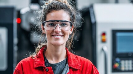 Smiling Female Engineer in Protective Gear at Mechanical Workshop