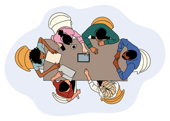 Vector illustration of diverse business team sitting around table in meeting or brainstorming session, top view. Office teamwork, collaboration, and corporate planning concept