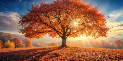 A lone tree stands tall amidst a carpet of vibrant autumn leaves, with sunlight filtering through its branches in warm hues of orange and red , landscape, foliage