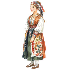 Watercolor painting of a woman in traditional folk costume with headscarf