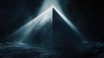 Illuminated Pyramid Under Spotlight in Dark and Mysterious Landscape