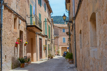 Narrow Charming Streets of Valldemossa Village in Mallorca, Spain