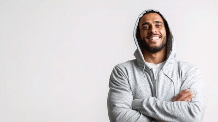 Happy Middle Eastern Man in Hoodie Smiling Against White Background
