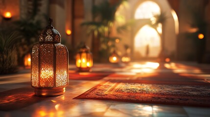 Ramadan Kareem Decorative ornate Islamic Golden lanterns with warm glowing Illuminated light in Majestic Arabian outdoor, beautiful bokeh lights with Islamic