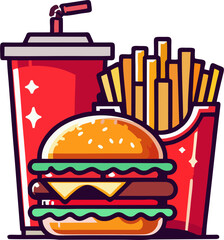 Colorful Vector Fast Food Combo with Burger, Fries, and Soda in Red Packaging