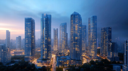 Obraz premium City skyline illuminated at dusk showcasing modern skyscrapers and urban architecture in a vibrant metropolis