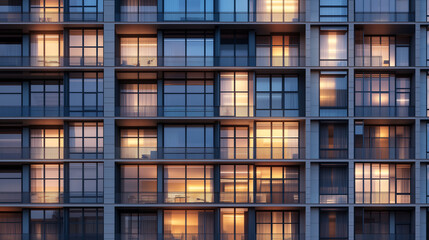 Obraz premium Modern apartment building shines with warm light at dusk in an urban setting, showcasing sleek architectural design and cozy interiors