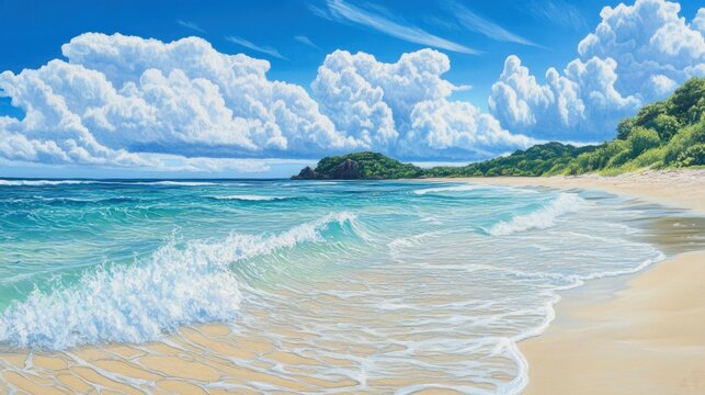 Seascape with waves crashing on sandy beach under a cloudy blue sky evoking serenity