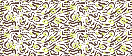 Fototapeta premium Seamless abstract textured pattern. Lines, ovals, circles. Brown, neon green, white. Digital brush strokes. Design for textile fabrics, wrapping paper, background, wallpaper, cover.