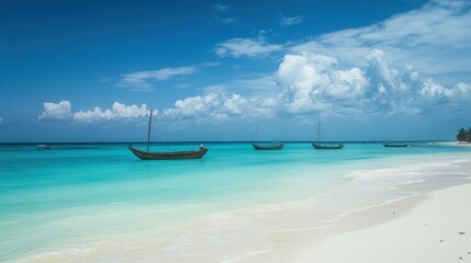 Fototapeta premium Serene tropical beach with turquoise water, white sand, and traditional boats