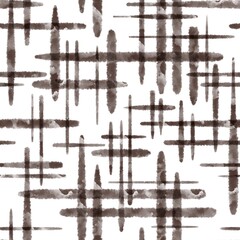 Fototapeta premium Seamless abstract pattern. Simple background with beige, brown, white. Lines, grid, dots. Digital brush strokes. Design for textile fabrics, wrapping paper, background, wallpaper, cover.