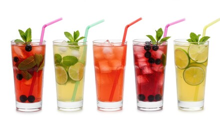 Five refreshing iced summer drinks, isolated on white background
