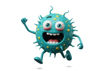 Fototapeta premium A joyful teal virus with spiky hair bounces across a white background