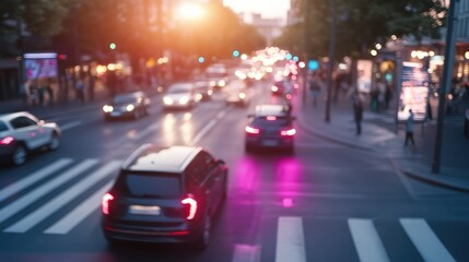 Busy city street at sunset. Blurred, high-angle view of vehicles and pedestrians