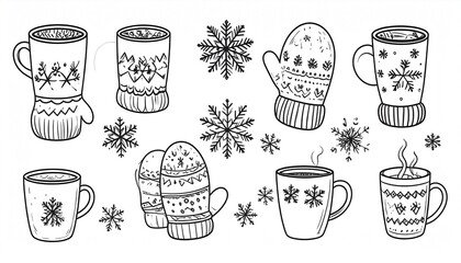 Hand-drawn winter illustration featuring mugs of hot cocoa, patterned mittens, and snowflakes; cozy, simplistic line art style