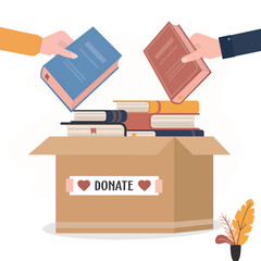 Books donation, bookcrossing, concept. Human hands put various books into box. Stack of textbooks in box. Time for knowledge charity. Donation box full of books © Alina