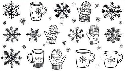 A whimsical hand-drawn illustration featuring mugs of hot cocoa, knitted mittens, and intricate snowflakes, evoking a cozy winter scene