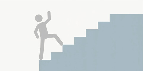 Human Icon Climbing Up Stairs on Clean White Background Representing Progress, Motivation, Personal Growth, and Career Development in a Minimalistic Business or Educational Concept Illustration