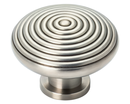 Elegant round cabinet knob with a textured spiral pattern on a transparent background