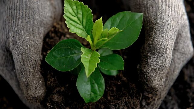 A small tree sapling freshly planted in dark soil, with a gloved hand placing it gently.	