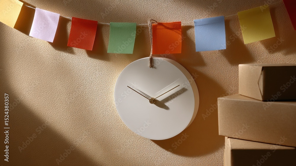 Poster white clock on wall with colorful notes and boxes, representing time management, deadlines, and orga