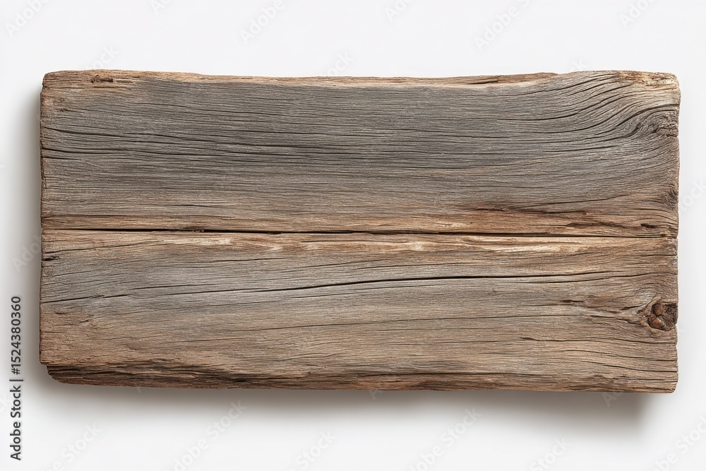 Poster weathered wooden board on white background, representing rustic texture and natural material for con