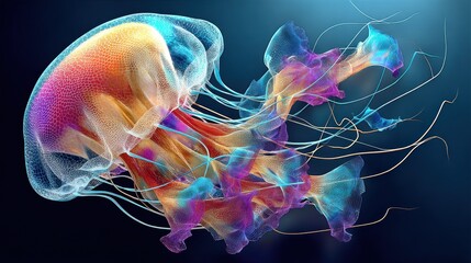 Naklejka premium Abstract Jellyfish With Bioluminescent Colors Against Dark Blue, Representing Marine Biology Research and Ocean Exploration : Generative AI