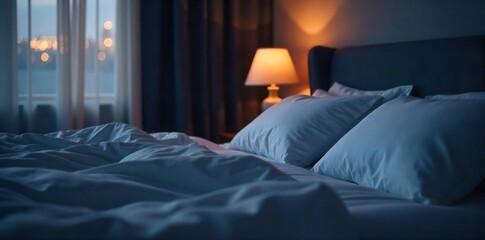 Serene bedroom scene at night, soft lighting on pillows and duvet, peaceful atmosphere perfect for sleep Ideal for websites, blogs, and wellness content , design, soft, quiet