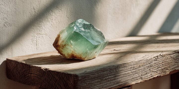 Translucent Green Fluorite Crystal on Rustic Wood, Symbolizing Healing and Alternative Therapy, Representing Natural Beauty and Spiritual Wellness : Generative AI