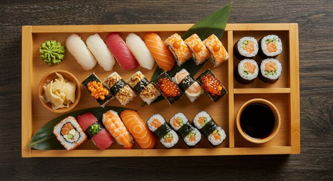 Assorted sushi platter on wooden tray with ginger, wasabi, and soy sauce