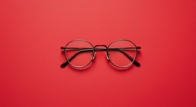 Round glasses isolated on red background, for vision correction and eye care - Powered by Adobe