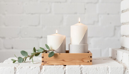 Elegant candles arranged on a wooden tray against a white brick wall  