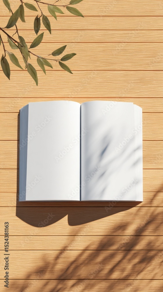 Aufkleber Open Book on Wooden Table with Leafy Branch, Ideal for Publishing Mockups and Creative Writing Projects, Offering a Sense of Serenity and Reflection : Generative AI