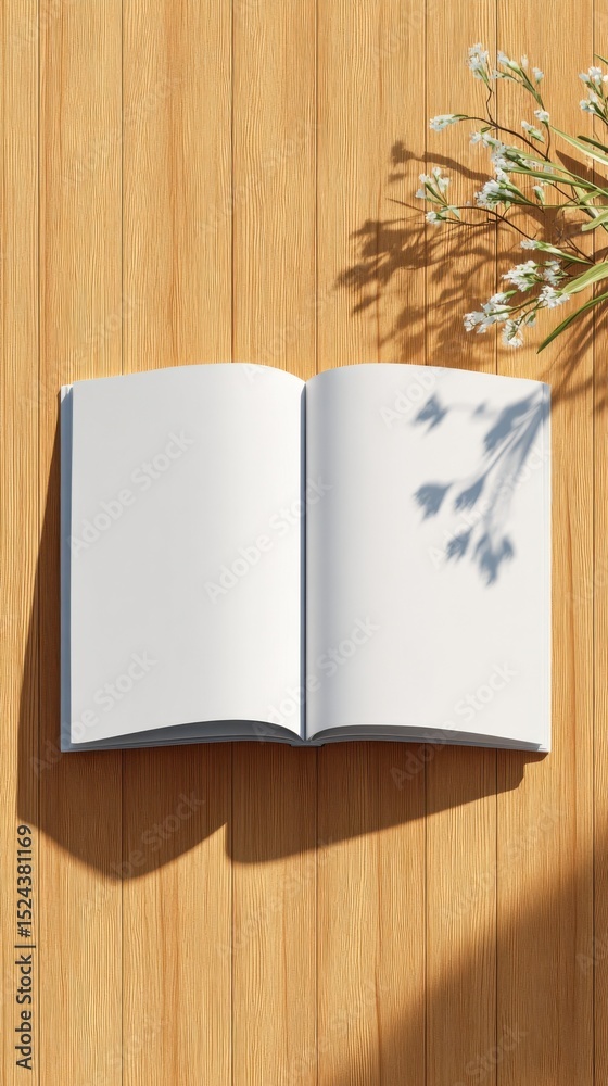 Poster open book with blank pages on wooden table, featuring floral shadow overlay for creative writing and