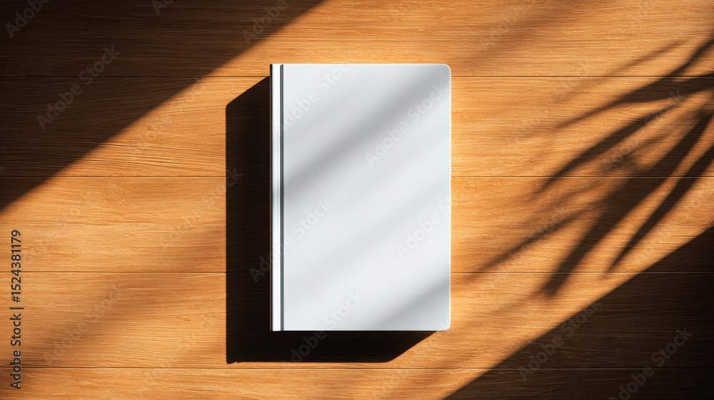 Poster blank white book on wooden table with leaf shadows, ideal for mockups and publishing promotion, repr