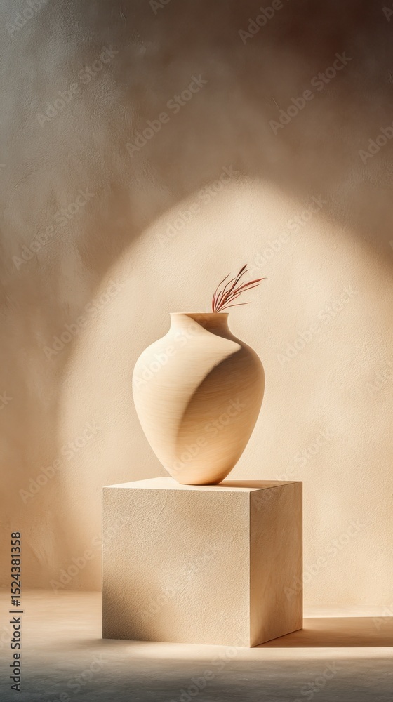 Poster minimalist vase with dried stems on plinth in warm light, ideal for interior design and home decor v