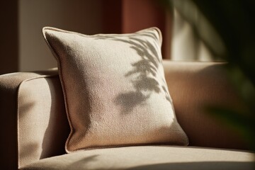 Beige Pillow on Couch With Leaf Shadow, Evoking Comfort and Relaxation in Interior Design and Home Decor : Generative AI
