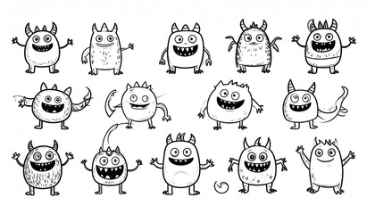 Twelve playful, cartoonish monsters in various poses, each with unique textures and horn-like appendages; simple line drawings with expressive features