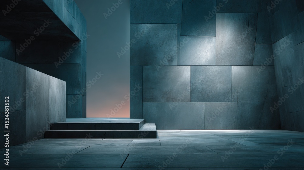 Poster minimalist concrete architecture with steps under soft light, showcasing modern design and urban exp