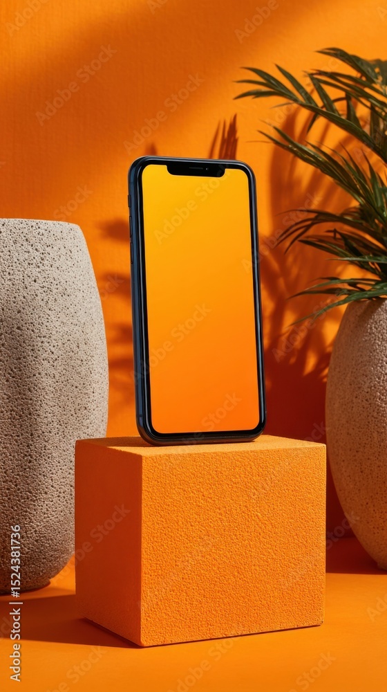 Poster smartphone on orange block with plant and vase, showcasing mobile technology and modern lifestyle pr