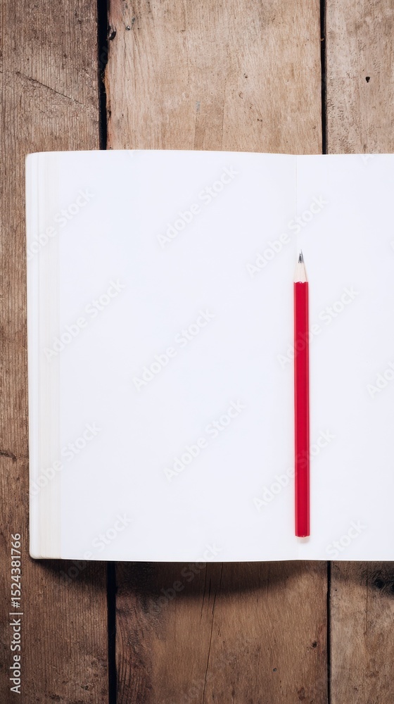 Poster open blank book and red pencil on wooden table, representing creativity and educational resources fo