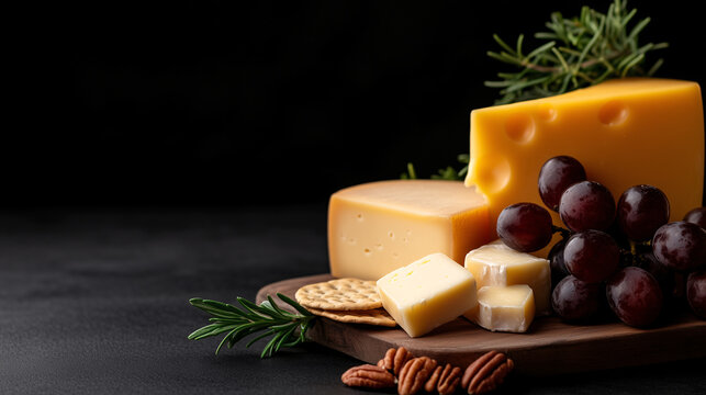 A gourmet cheese board featuring an assortment of cheeses, fresh grapes, crunchy nuts, and crackers, beautifully arranged on cutting board