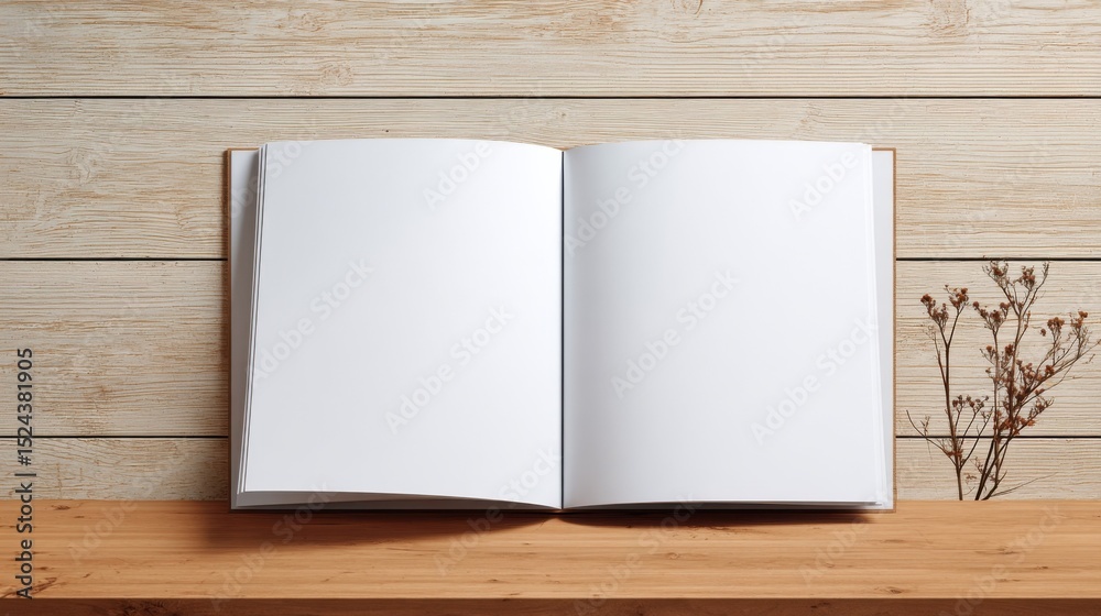 Poster open book with blank pages on wooden table, ideal for mockups and educational content creation, repr