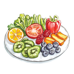 Watercolor Plate of Fresh Fruits and Vegetables Healthy Eating Concept