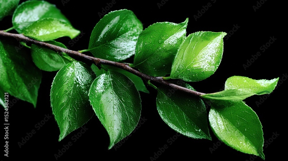 Poster fresh green leaves on branch with water droplets against black, symbolizing growth and sustainable p